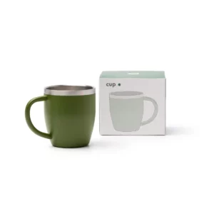 Taza térmica Stamina Bany 1518, verde oscuro, vista de la taza junto a su caja de diseño