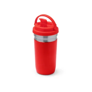 Vaso térmico Stamina Gredos 1520, rojo, vista del vaso con el asa de la tapa levantada