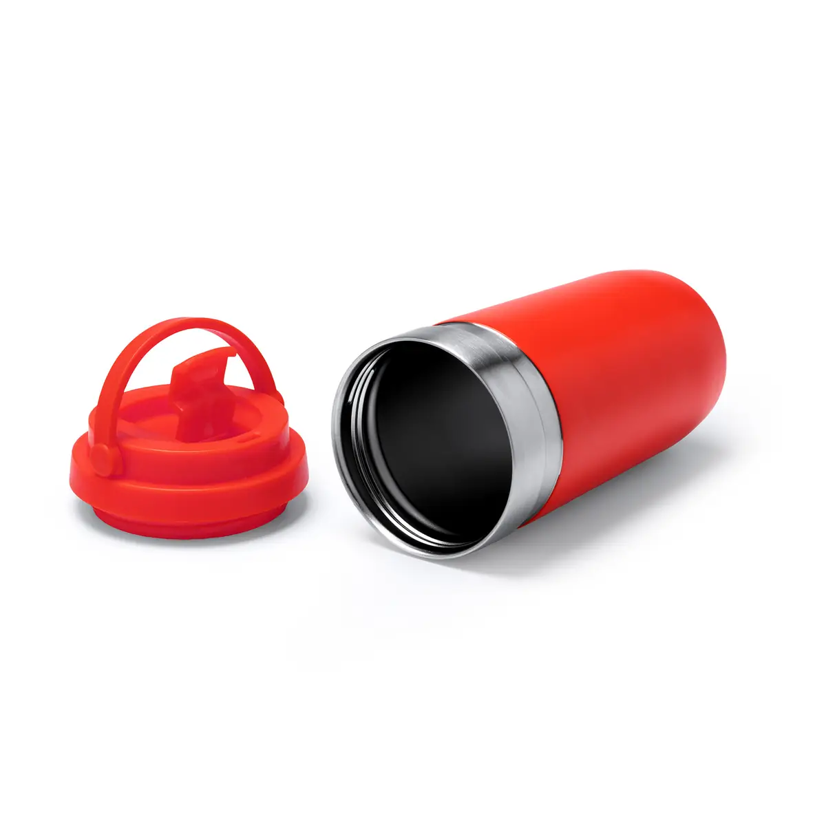 Vaso térmico Stamina Gredos 1520 7 Vaso térmico Stamina Gredos 1520, rojo, vista del vaso tumbado junto a la tapa