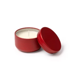 Vela aromática Stamina Gento 1529, rojo, vista de la vela roja abierta con su tapa