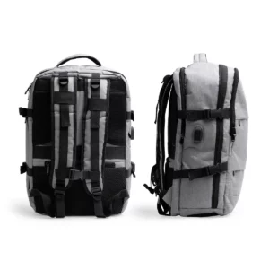 Mochila de viaje Stamina Margot 1534, gris vigoré, vistas posteriores y laterales de la mochila