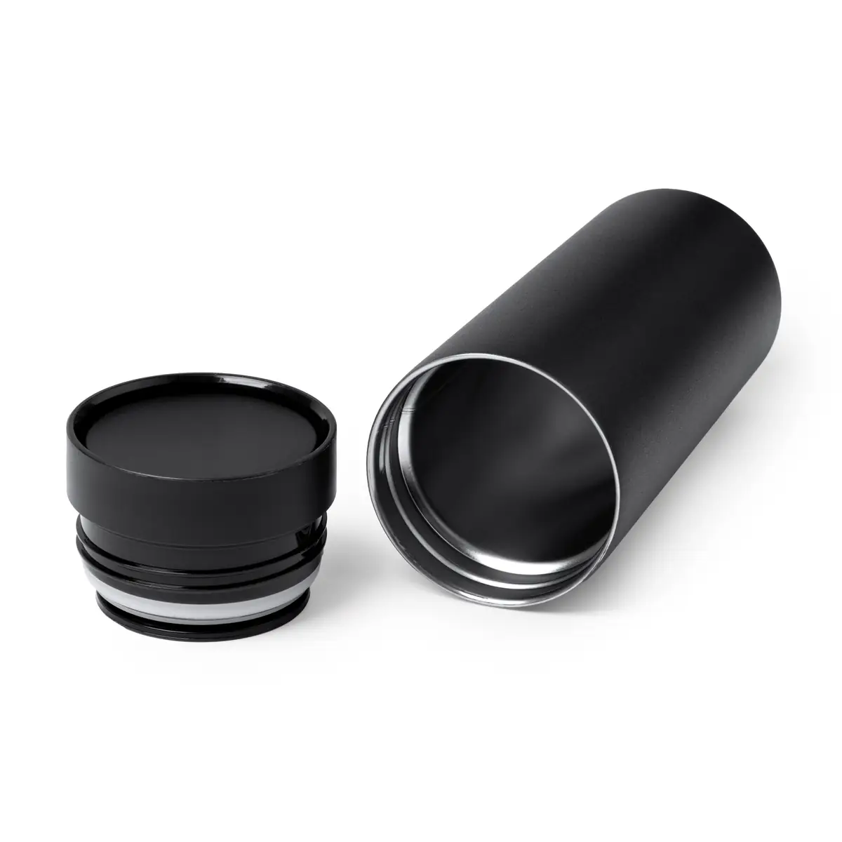 Vaso térmico Stamina Clarke 1538 6 Vaso térmico Stamina Clarke 1538, negro, vista del vaso abierto junto al tapón