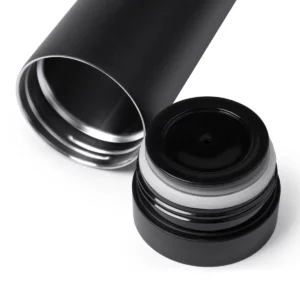Vaso térmico Stamina Clarke 1538, negro, detalle del interior y del tapón pulsador