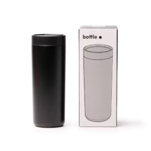 Vaso térmico Stamina Clarke 1538, negro, vista del vaso junto a su caja de diseño