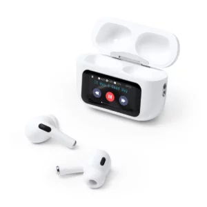 Auriculares con estuche Stamina Marcus 1566, blanco, vista del estuche abierto con pantalla y auriculares