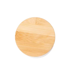 Vela aromática Stamina Silken 1569, crudo, vista superior de la tapa de bambú