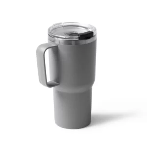 Taza con tapa Stamina Kencher 1589, gris, vista de la taza en perspectiva con la tapa colocada