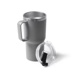 Taza con tapa Stamina Kencher 1589, gris, vista de la taza abierta junto a la tapa