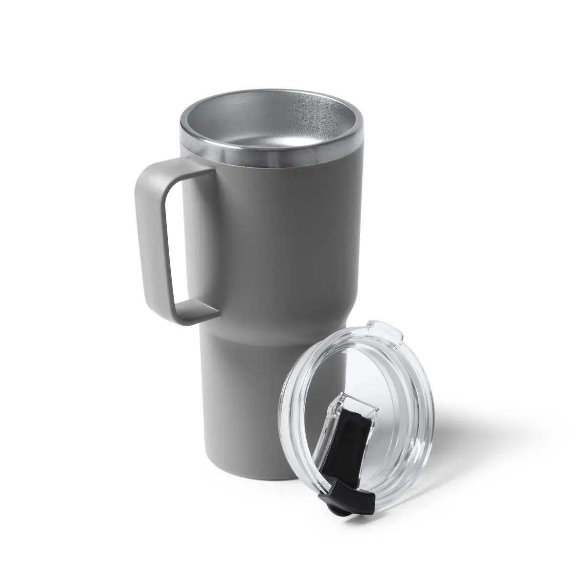 Taza con tapa Stamina Kencher 1589 9 Taza con tapa Stamina Kencher 1589, gris, vista de la taza abierta junto a la tapa