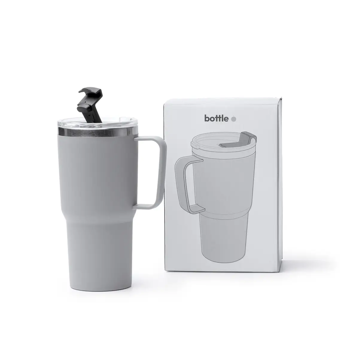 Taza con tapa Stamina Kencher 1589 10 Taza con tapa Stamina Kencher 1589, gris, vista de la taza junto a su caja de diseño