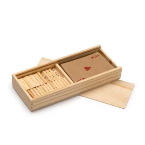 Pack de 50 sets de juegos Stamina Ludus 1592, crudo, vista del set abierto con baraja y dominó
