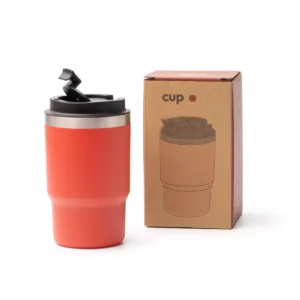 Vaso térmico Stamina Venturi 1596, rojo, vista del vaso junto a su caja de diseño