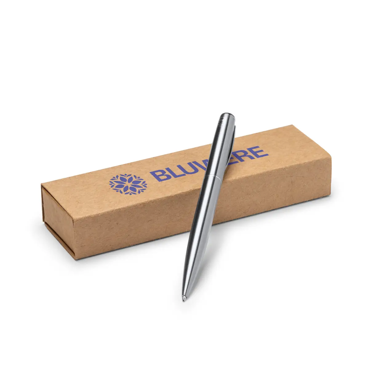Bolígrafo de acero reciclado Stamina Lois 1612 5 Bolígrafo de acero reciclado Stamina Lois 1612, plata, ejemplo de marcaje en la caja kraft junto al bolígrafo