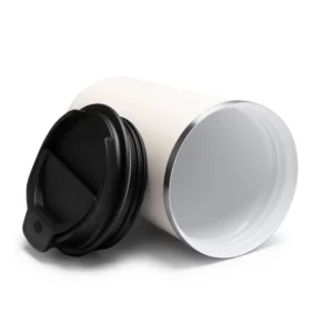 Vaso térmico Stamina Tomas 1642, blanco vintage, vista del vaso abierto junto a la tapa, con el recubrimiento interior visible