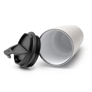 Vaso térmico Stamina Filip 1643, blanco vintage, vista del vaso abierto junto a la tapa, con el recubrimiento interior visible