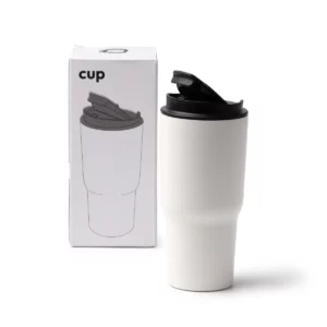 Vaso térmico Stamina Filip 1643, blanco vintage, vista del vaso junto a su caja de diseño