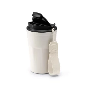 Vaso térmico Stamina Keury 1644, blanco vintage, vista del vaso con la abertura de la tapa levantada