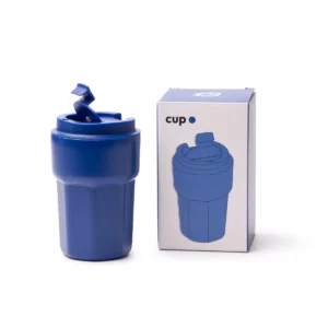 Vaso térmico Stamina Oster 1645, royal, vista del vaso junto a su caja de diseño