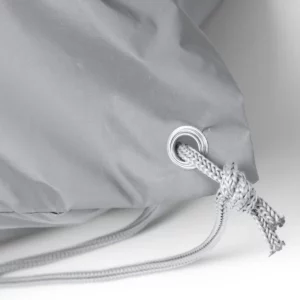 Mochila de cuerdas Stamina Lazar 1673, gris, detalle del ojal metálico y de las cuerdas