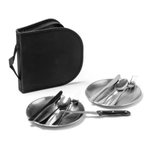 Pack de 5 sets de menaje Stamina Trivor 1675, negro, vista del set con platos y cubiertos fuera de la funda
