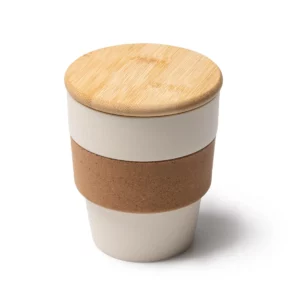 Vaso con tapa de bambú Stamina Lovren 1676, beige, vista superior del vaso con tapa en perspectiva