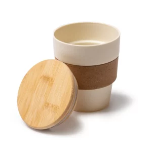Vaso con tapa de bambú Stamina Lovren 1676, beige, vista del vaso abierto junto a la tapa de bambú