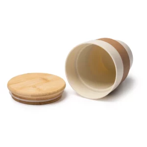 Vaso con tapa de bambú Stamina Lovren 1676, beige, vista del vaso tumbado junto a la tapa