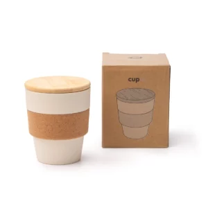 Vaso con tapa de bambú Stamina Lovren 1676, beige, vista del vaso junto a su caja de diseño