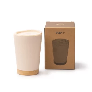 Vaso de doble pared Stamina Mirin 1686, beige, vista del vaso junto a su caja de diseño