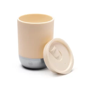 Vaso de doble pared Stamina Linde 1687, beige, vista del vaso abierto junto a la tapa