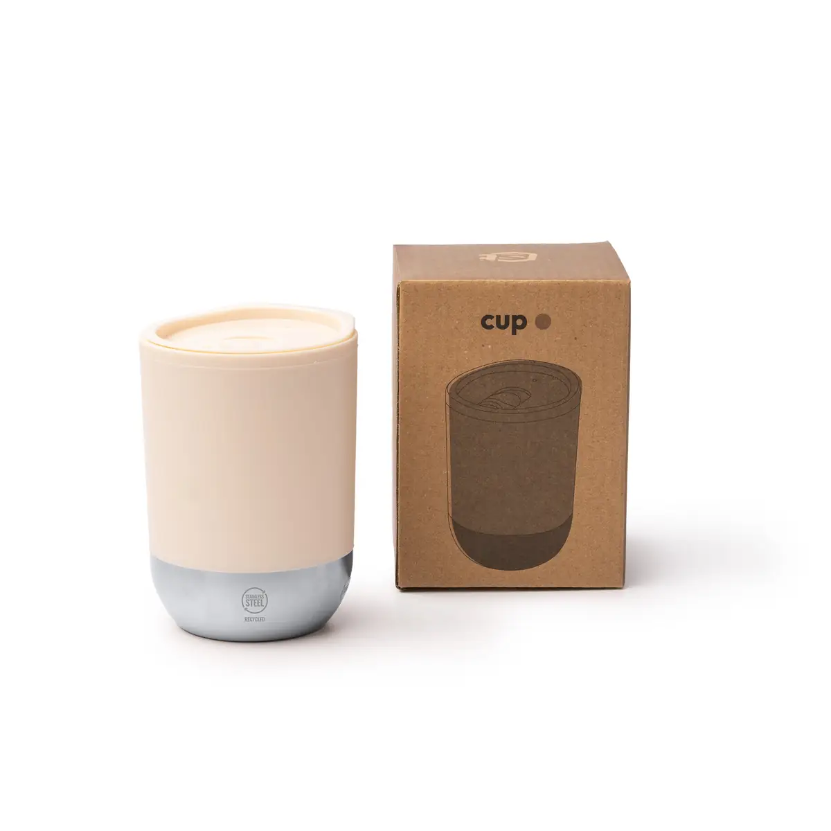 Vaso de doble pared Stamina Linde 1687 9 Vaso de doble pared Stamina Linde 1687, beige, vista del vaso junto a su caja de diseño