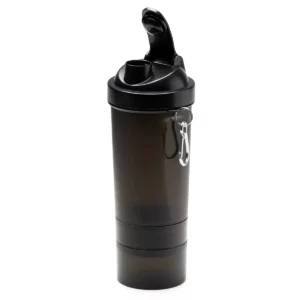 Shaker Stamina Reily 1699, negro, vista del shaker con los compartimentos inferiores acoplados y la boquilla abierta