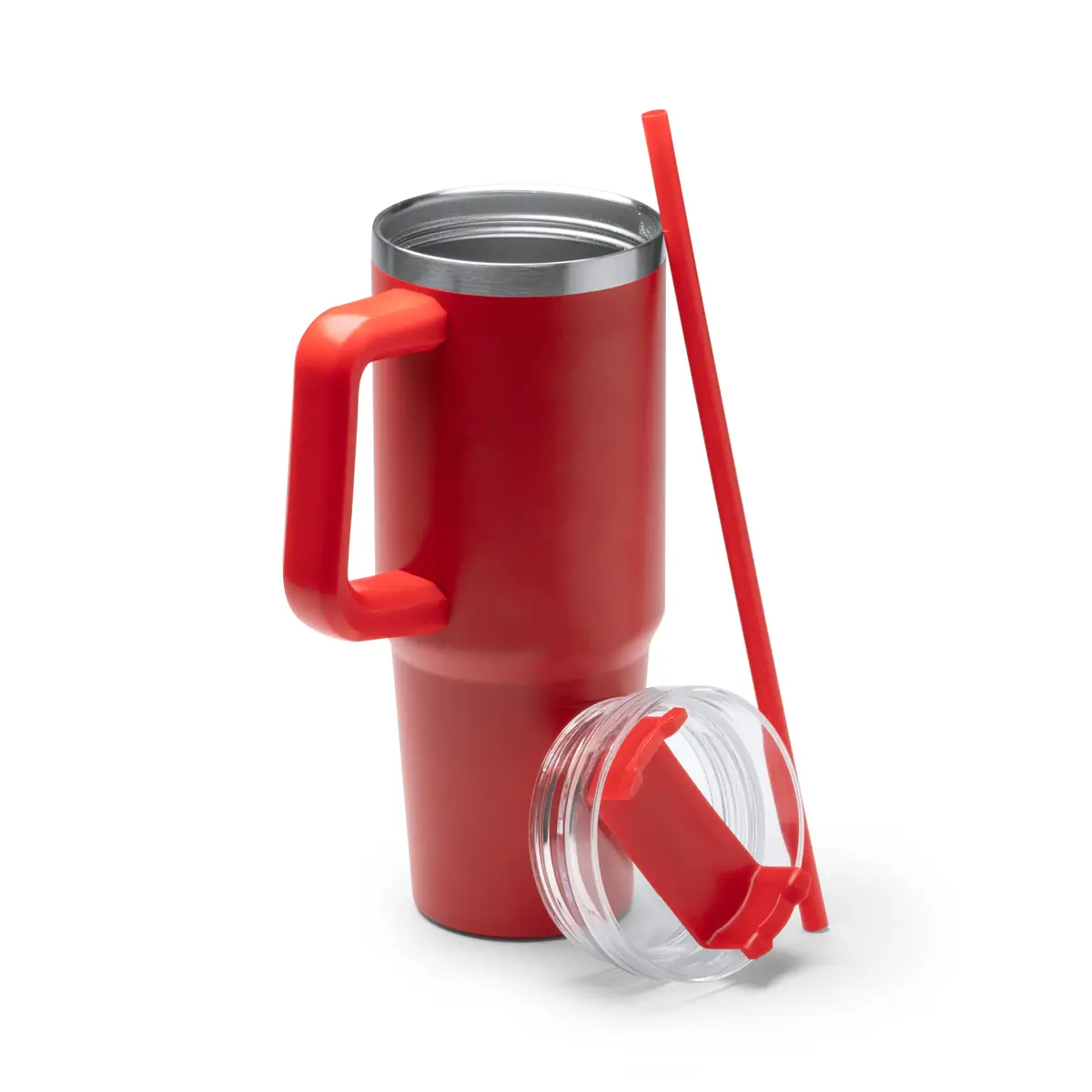 Taza térmica Stamina Kranston 1709 7 Taza térmica Stamina Kranston 1709, rojo, vista de la taza abierta junto a la tapa y la pajita
