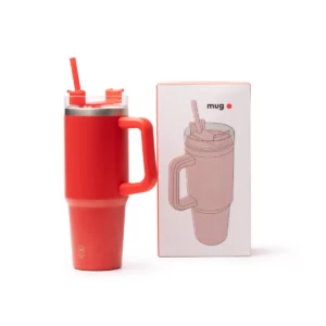 Taza térmica Stamina Kranston 1709, rojo, vista de la taza junto a su caja de diseño