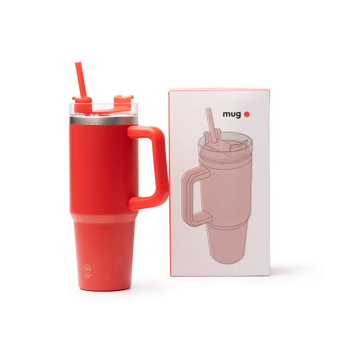 Taza térmica Stamina Kranston 1709 12 Taza térmica Stamina Kranston 1709, rojo, vista de la taza junto a su caja de diseño