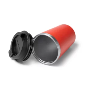 Vaso de doble pared Stamina Horan 1728, rojo, vista del vaso tumbado junto a la tapa
