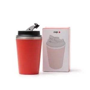 Vaso de doble pared Stamina Horan 1728, rojo, vista del vaso junto a su caja de diseño