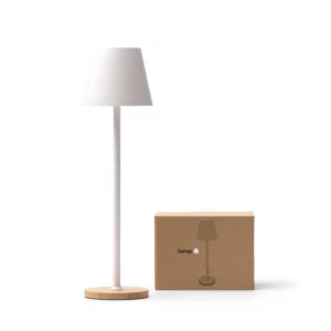 Lámpara LED con base de bambú Stamina Barrow 1745, blanco, vista de la lámpara junto a la caja