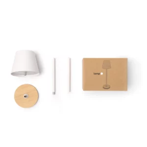 Lámpara LED con base de bambú Stamina Barrow 1745, blanco, vista de las piezas de la lámpara y la caja