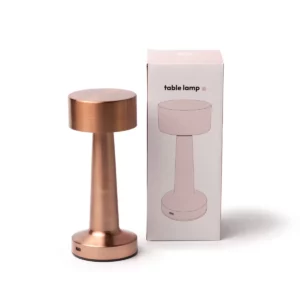 Lámpara LED táctil Stamina Reiki 1746, rosa dorado, vista de la lámpara junto a la caja