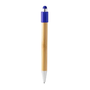 Bolígrafo con spinner Stamina Fayer 1765, bambú con detalles azules, vista frontal del bolígrafo