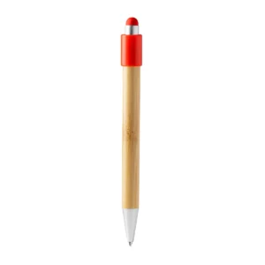 Bolígrafo con spinner Stamina Fayer 1765, bambú con detalles rojos, vista frontal del bolígrafo