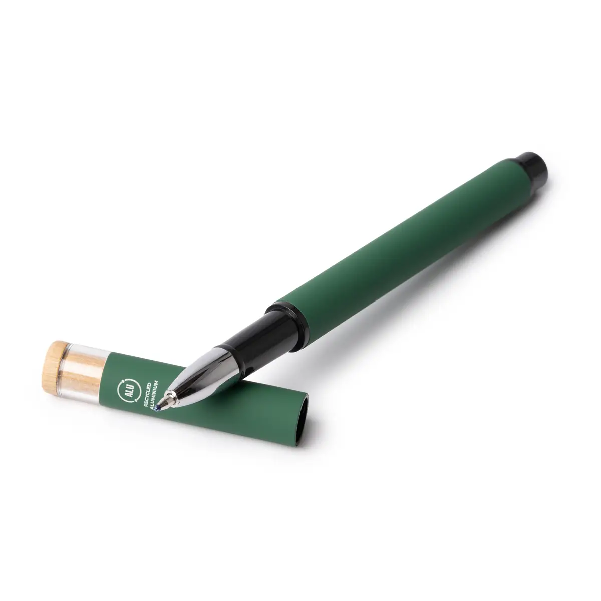 Roller de aluminio reciclado Stamina Lindberg 1767 3 Roller de aluminio reciclado Stamina Lindberg 1767, verde oscuro, detalle de la tapa con pieza transparente y bambú