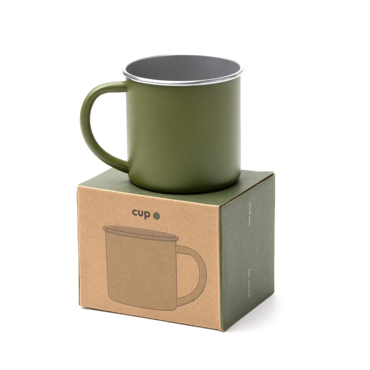 Taza de acero reciclado Stamina Dunas 1798 9 Taza de acero reciclado Stamina Dunas 1798, verde oscuro, vista de la taza sobre su caja de diseño