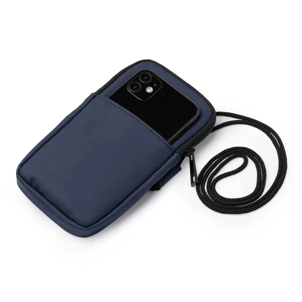 Portatodo de PU Stamina Seul 1806 7 Portatodo de PU Stamina Seul 1806, marino, ejemplo de uso del bolsillo exterior con un teléfono