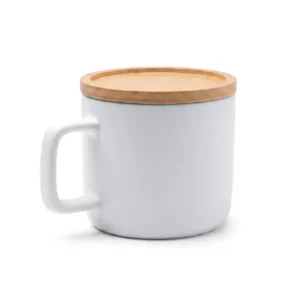Taza con tapa de bambú Stamina Molok 1841, blanco, vista superior de la taza con tapa en perspectiva