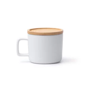 Taza con tapa de bambú Stamina Molok 1841, blanco, vista frontal del producto