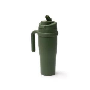 Taza térmica Stamina Kalam 1846, verde oscuro, vista de la taza en perspectiva con la abertura levantada