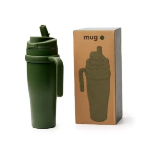 Taza térmica Stamina Kalam 1846, verde oscuro, vista de la taza junto a su caja de diseño