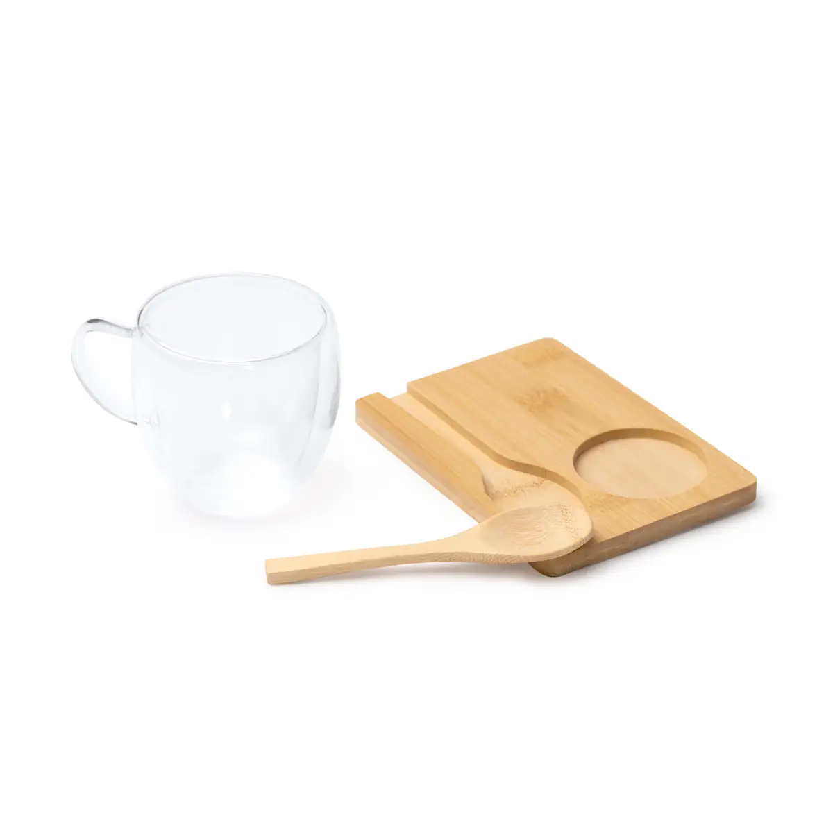 Set de taza y posavasos Stamina Blumon 1848 3 Set de taza y posavasos Stamina Blumon 1848, transparente, vista de la taza, el posavasos y la cuchara por separado